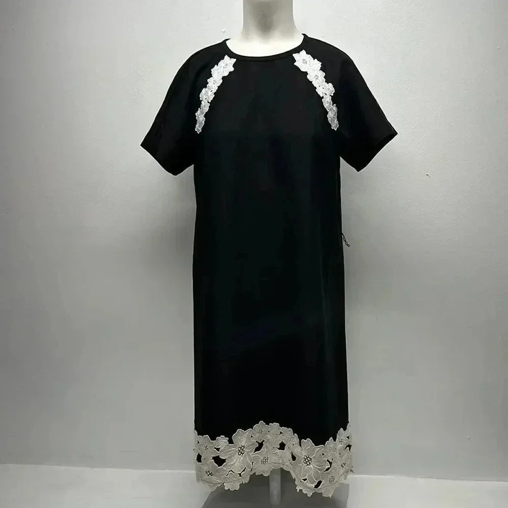 Kate Spade Dress Floral Lace Trim Crepe Short Sleeve Mini Black White Size 4